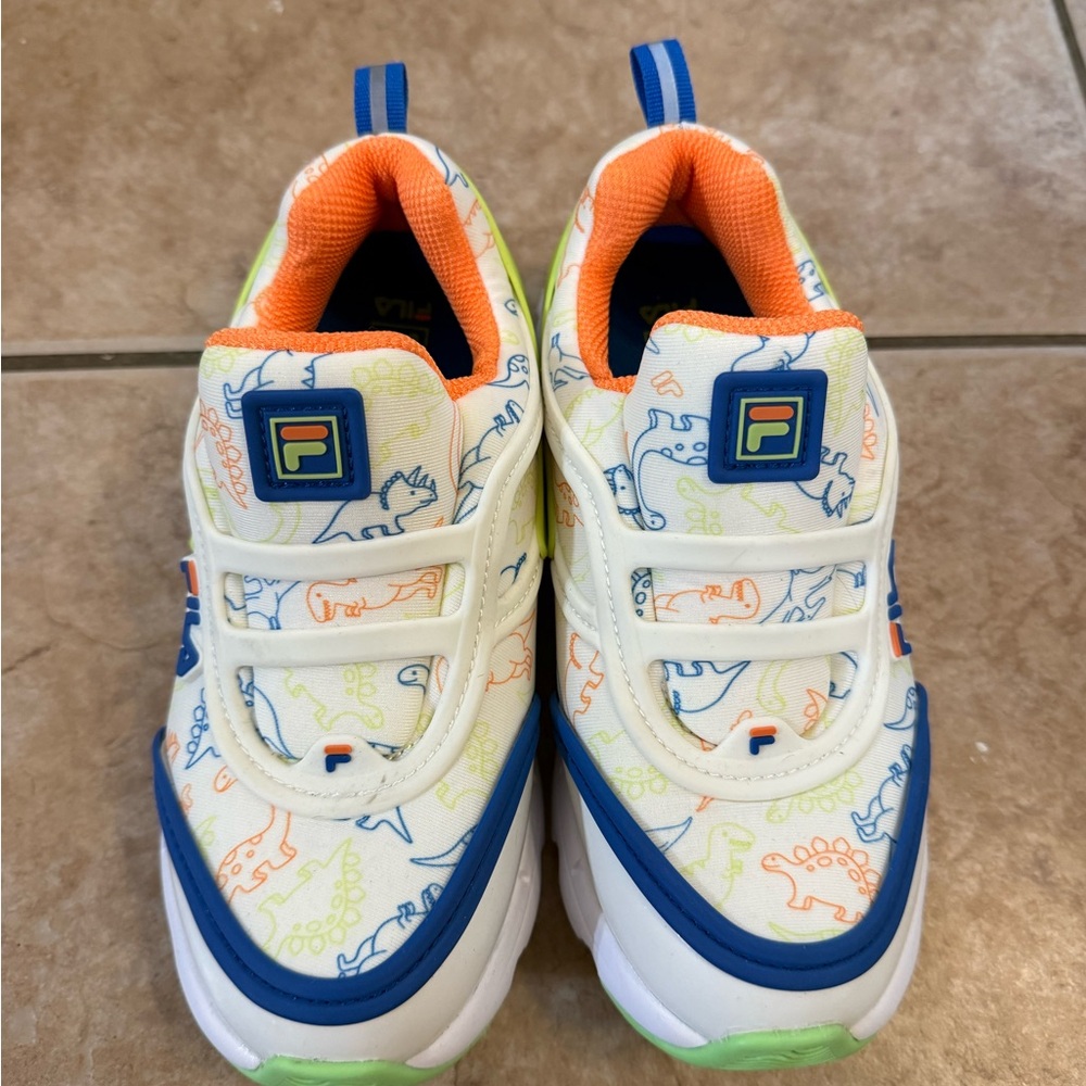 Fila Kids White Sneakers with Blue, Orange & Lime Dinosaur Print